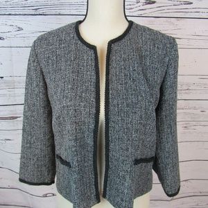 K Petite gray/white/black tweed open front jacket